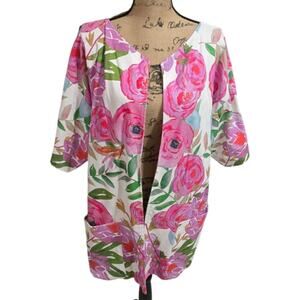 Brooke Wright Pink White Green Floral Open-Front Blazer Jacket Size Medium Large
